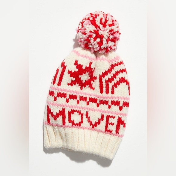 GUC FP Movement by Free People Crystal Skies Red Pink Fair Isle Beanie Pom-Pom - Picture 1 of 5
